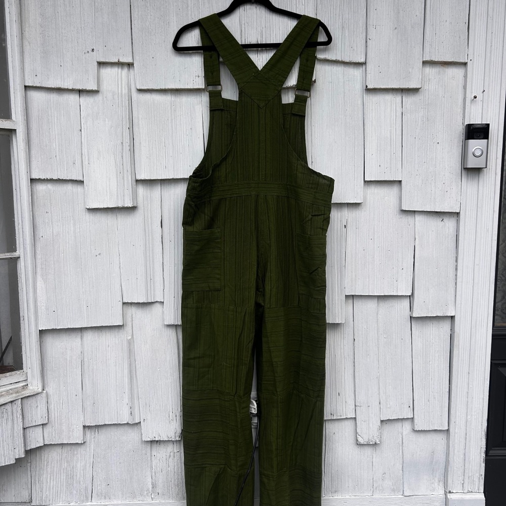 Earthbound Trading Co Olive Green Striped Patchwork Cotton Overalls‎ Small Boho - Picture 8 of 9